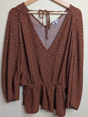 White‎ Birch Ditsy Floral Peplum Blouse Plus Size 1X Rust Brown Rayon V-Neck